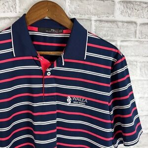 RLX Ralph Lauren Wailea Maui Hawaii Striped Golf Polo Shirt Navy Pink Men MEDIUM